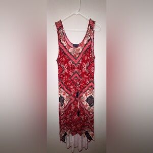 Artesia Red Boho Floral Patchwork Midi Dress Tassel Tie Size Large